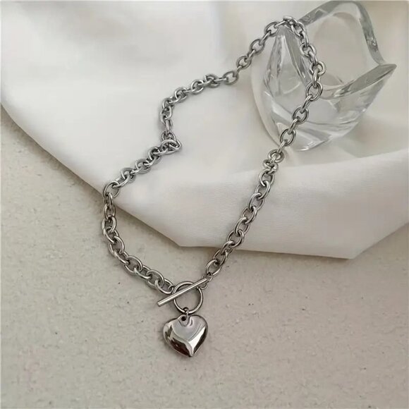 2pc Set Titanium Steel Heart Charm Necklace & Bracelet Set - O-Chain Jewelry - Picture 7 of 9